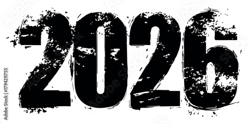 Rough black grunge “2026” numerals with heavy distressed texture, bold scratched style typography for posters, banners, event layouts, creative year design themes and impactful graphic decoration 