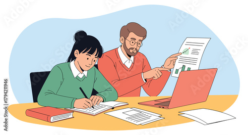 A mentor and a student collaborate on a project, with the mentor explaining data on a document while the student takes notes.