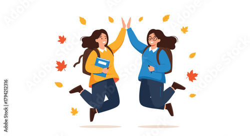 Two cheerful young female students in autumn attire with backpacks high-fiving and jumping with joy, celebrating friendship and academic success.