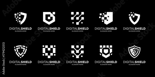 Set of shield secure data security logo design inspiration. Geometric abstract logo icon vector isolated on black background.