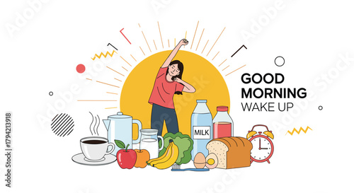 Illustrated scene of a healthy morning routine with a woman stretching, a sunrise, and a variety of nutritious breakfast foods.