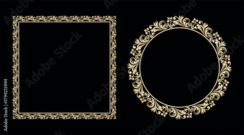 Set of decorative frames Elegant vector element for design in Eastern style, place for text. Floral black and golden borders. Lace illustration for invitations and greeting cards