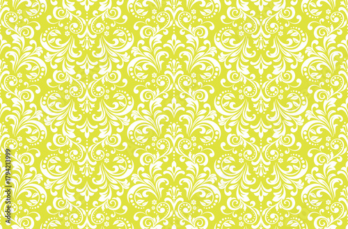 Wallpaper in the style of Baroque. White and yellow floral ornament. Seamless vector background. Graphic pattern for fabric, wallpaper, packaging. Ornate Damask flower illustration