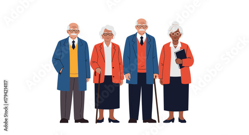 Four diverse senior professionals standing together, some with walking aids, depicting an active and engaged elderly community.
