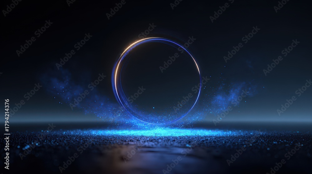 Obraz premium Futuristic neon glowing ring with blue particles on a dark reflective surface