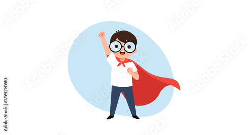 A cheerful cartoon boy in glasses and a red cape strikes a powerful superhero pose, symbolizing imagination, confidence, and learning.