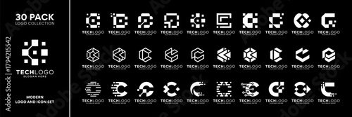 Set of initial letter C digital data tech logo design inspiration. Geometric abstract logo icon vector isolated on black background.