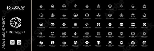 Mega logo collection with flower floral ornament. Geometric abstract logo icon vector isolated on black background.