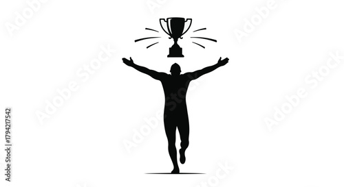 Triumphant silhouette celebrating a hard-earned victory with arms raised towards a gleaming trophy.