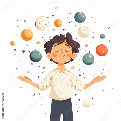 A character is shown juggling multiple balls labeled with different responsibilities and stresses, representing their struggle with multitasking and overwhelm