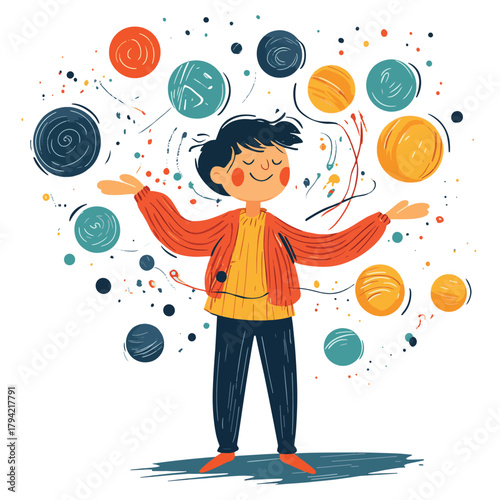 A character is shown juggling multiple balls labeled with different responsibilities and stresses, representing their struggle with multitasking and overwhelm