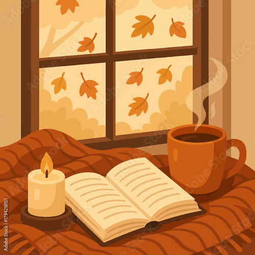 Cozy autumn scene with book, candle, coffee, and leaves outside the window pane