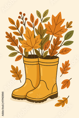 Yellow rain boots filled with autumn leaves and berries on a light background art
