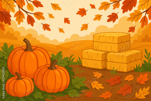 Illustration of pumpkins and hay bales with falling leaves in an autumn landscape