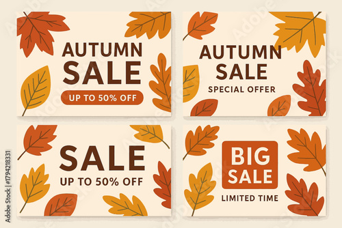 Four autumn sale banners featuring colorful leaves and promotional discount messages