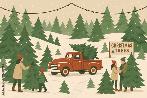 Family at a christmas tree farm with a red truck and snowy landscape illustration