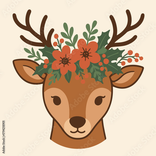 A cartoon deer head with antlers decorated with flowers and holly on a light background