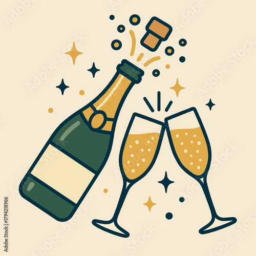 Illustration of champagne bottle popping with two glasses clinking and star accents
