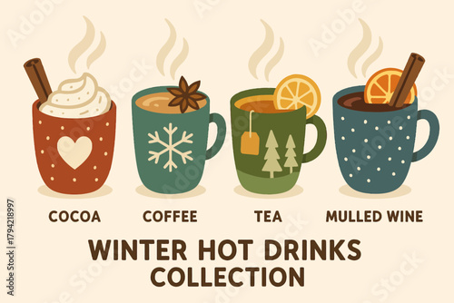 Illustration of four winter hot drinks: cocoa, coffee, tea and mulled wine in mugs