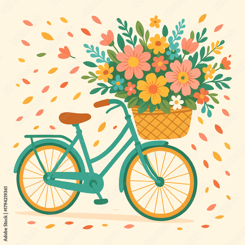 Fototapeta premium Illustration of a teal bicycle with a basket full of flowers and falling leaves around