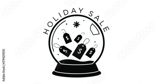Festive holiday sale snow globe with price tags, celebrating winter shopping discounts