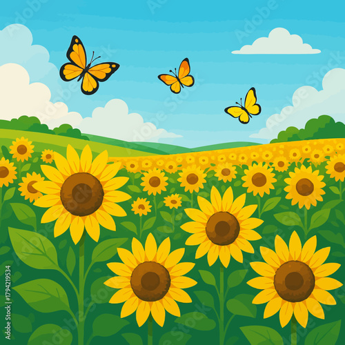 A vibrant sunflower field with butterflies under a bright blue sky and fluffy clouds