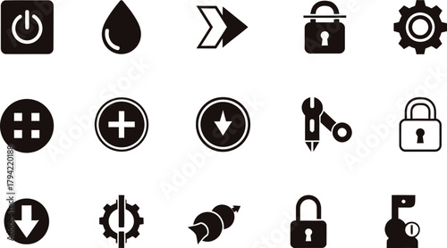 Collection of black and white icons representing power security settings and tools on a white background