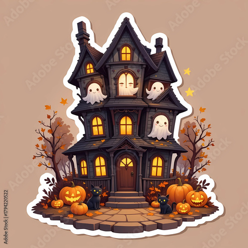  Charming cozy haunted house with glowing windows, friendly ghosts, black cats, pumpkins, and warm autumn Halloween magic.
