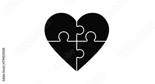 Interlocking puzzle pieces form a black heart shape on a white background, symbolizing connection and love.