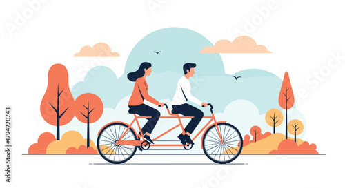A couple rides a tandem bicycle through a scenic park on a pleasant day, enjoying leisure time together.