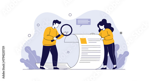 A team of professionals uses a magnifying glass to thoroughly examine a long document, representing detailed research and collaborative review.