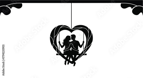 Silhouetted couple in a heart-shaped swing, embracing with love and tenderness against a white background.