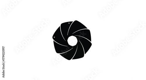 Abstract circular aperture blades opening and closing on a white background.