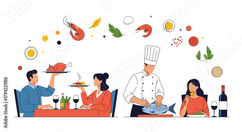 A professional chef prepares fresh seafood, while a couple enjoys a gourmet meal at a restaurant, surrounded by floating culinary ingredients.