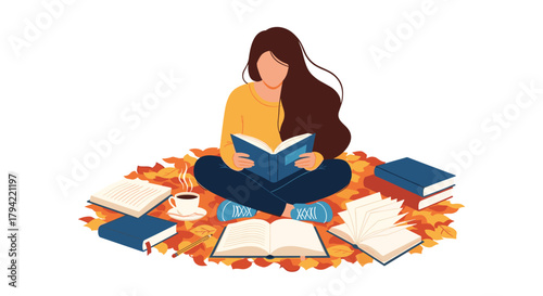 Woman enjoying a cozy autumn day, surrounded by fall leaves, reading books, and sipping hot coffee.