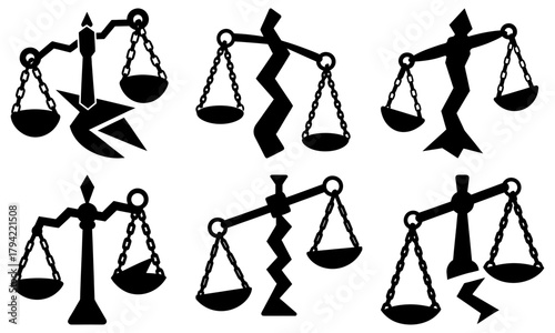 Illustrations of broken scales of justice in various states of disrepair shown