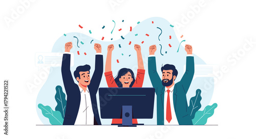 A diverse team of professionals celebrates a major online achievement together, raising their arms in triumph with confetti falling around them.