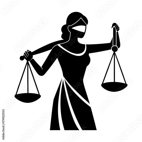 Illustration of a blindfolded woman holding scales representing justice and law