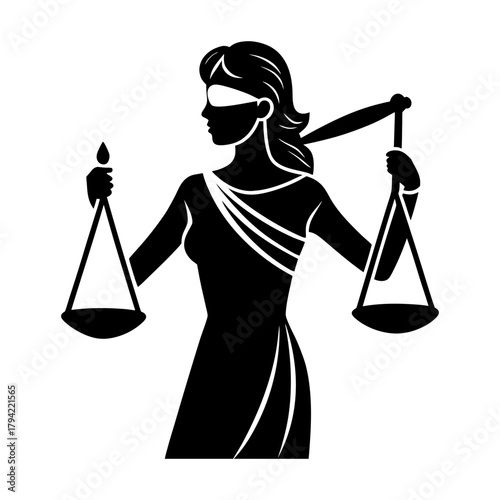 Illustration of lady justice with blindfold holding scales in a black silhouette
