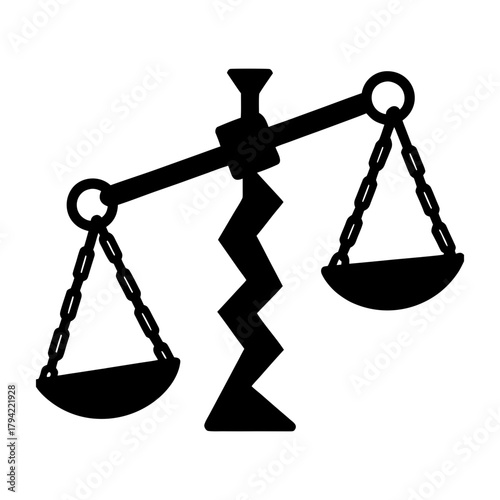 A broken black scale of justice with chains and balance isolated on white background
