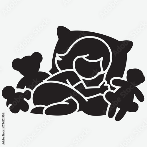 A child sleeping peacefully with teddy bears on a pillow