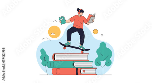 Dynamic illustration of a student balancing on a skateboard on a stack of books, actively reading and listening to educational content.