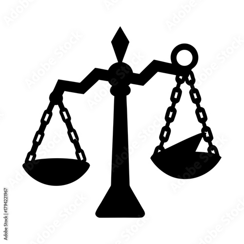 An illustration of a black scales of justice with chains and tilted balance arms