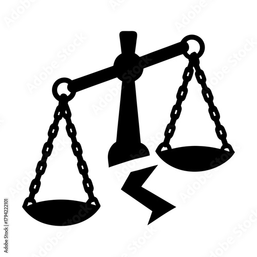 Illustration of a broken scales of justice with a lightning bolt underneath it