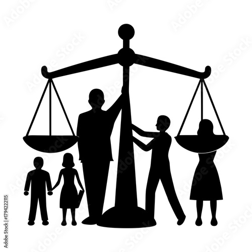 Illustration of family law concept with scales balancing parents and children figures