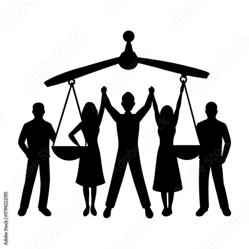 Silhouette illustration of people supporting scales of justice and equality concept