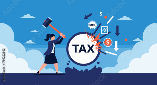A determined businesswoman uses a sledgehammer to break a target labeled 'TAX,' symbolizing tax reduction, financial relief, or breaking free from high taxation.