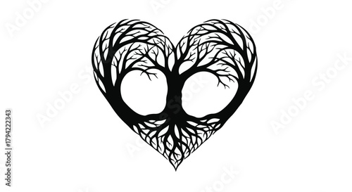 Symbolic heart shaped tree with roots representing life and connection