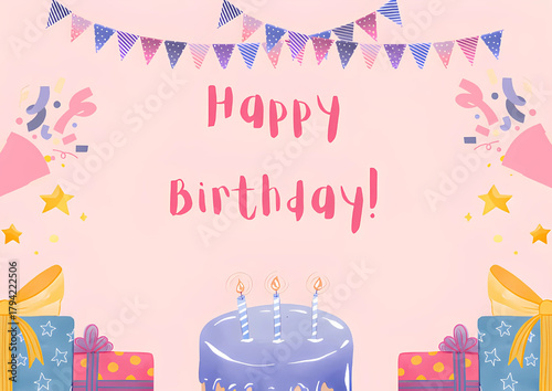 Festive birthday scene with purple cake, lit candles, wrapped presents, colorful confetti, and cheerful bunting on a soft pink backdrop.