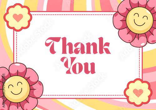 Playful thank you card with smiling sunflowers, pink flowers, and cheerful pink border for bright and friendly gratitude.